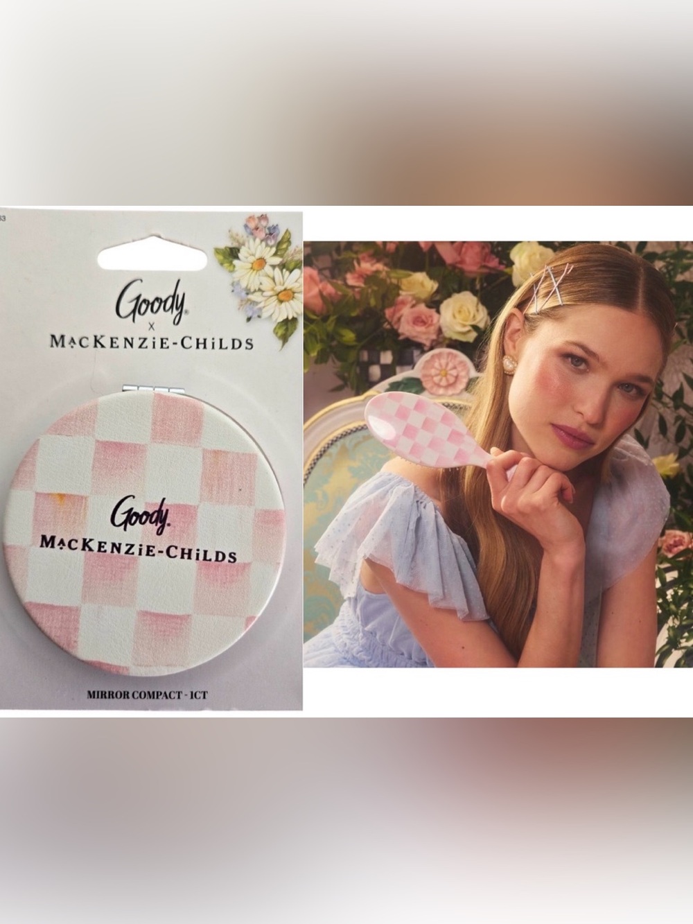 Goody + Mackenzie-Childs Compact Mirror & Pink White Wet or Dry Detangler Brush